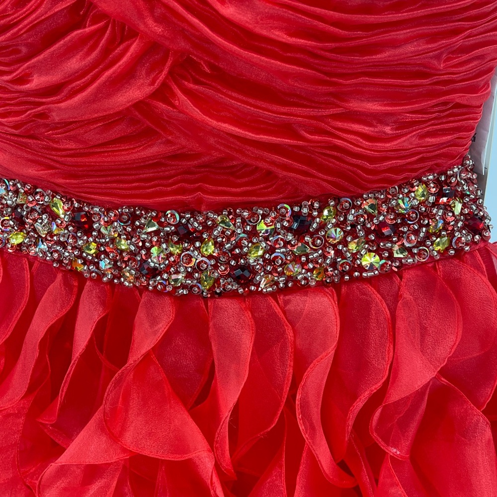 Sherri Hill Red CORKSCREW Ruffled Dress WOMENS SIZE 0 NWT GEMSTONE WAISTBAND - Picture 2 of 15